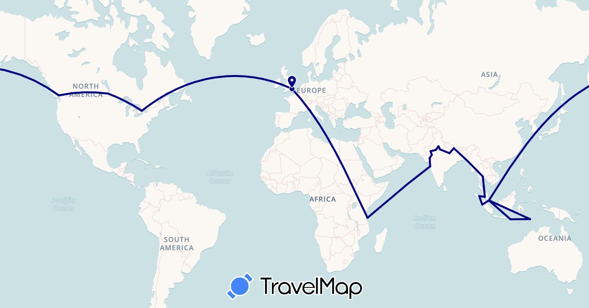 TravelMap itinerary: driving in Canada, United Kingdom, Indonesia, India, Malaysia, Nepal, Singapore, Thailand, East Timor, Tanzania (Africa, Asia, Europe, North America)